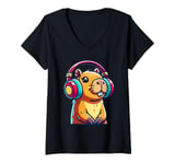 Womens Capybara Wearing Headphones Music V-Neck T-Shirt