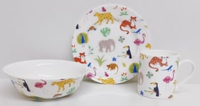 One Day at the Zoo Breakfast Set 3 Pieces Plate Mug & Cereal Bowl Fine China