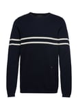 JUNK de LUXE Contrast Stripe Knit Jumper Stickad Tröja M. Rund Krage Blå De [Color: NAVY ][Sex: Men ][Sizes: S,M ]