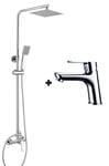 Ensemble colonne de douche monocommande SIO + robinet de lavabo SIO. Tuyau extensible réglable en hauteur de 80 à 120 cm. Chrome brillant