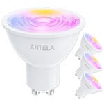 ANTELA GU10 Smart Bulb 4.5W 350LM WLAN LED RGB Dimmable Bulb Lamp, Warm White/Cold White Light (2700K-6500K), Smart Life APP Control, Compatible with Alexa, Google Home, 40° Beam Angle, 4 Packs