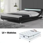 MEUBLER DESIGN Lit Led Design Julio Noir 140cm Avec Matelas Romance, Polyuréthane, Style Contemporain, 206.5 x 155 x 62 cm