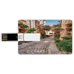 64G USB Flash Drives Credit Card Shape Tuscan Memory Stick Bank Card Style Historical Mediterranean Street Flowers Italian Town in Sunny Day Umbria,Ivory Green and Red Waterproof Pen Thumb Lovely Jump