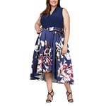 S.L. Fashions Women's Plus Size Tea Length Tuck Neck Fit and Flare Dress Special Occasion, Navy Floral, 18