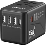 LAdaptateur de Voyage Universel Chargeur International GaN III 45W avec 3 Ports USB & Charge Rapide Type C Adaptateur Mondial pour iPhone,Samsung,Ordinateur Type A C G I USA/UK/EU/AUS Noir