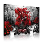 DekoArte 332 - Impression Sur Toile Moderne D'Images Artistiques | Toile Décorative Pour Votre Salon Ou Votre Chambre | Style Paysage Noir et Blanc avec Des Arbres Rouges Nature | 1 Pièce 120 x 80 cm