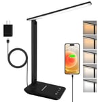 joyshie Lampe de Bureau LED avec Adaptateur, Pliable Lampe de Chevet Dimmable avec 5 Modes de Couleur et 5 Niveaux de Luminosité, Port de Charge USB, Pour Lecture Travail (Noir)