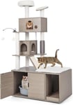 Chat avec Meuble Litière pour Chat 2 Condo Griffoirs Gratter en Sisal Balles Suspendues Gris 173CM