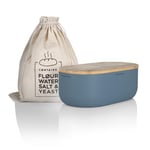 LARS NYSØM Bread Bin I Metal bread box with linen bread bag for long lasting freshness I Bread bin with bamboo lid usable as cutting board I 14.2x7.5x5.1 In (Stone Blue)