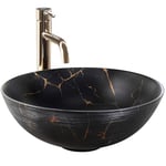 Rea Vasque à poser en céramique Stella Black Marble Brush, Pour Salle De Bain, 355x355x135 mm, En Céramique, Idéale Comme Lavabo Ou Lave-Main Pour WC, Design Unique (imitation de pierre)