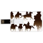 16G USB Flash Drives Credit Card Shape Western Memory Stick Bank Card Style Collection of Horseback Riding Silhouettes Bridle Ranch Stallion Equestrian Theme Decorative,Dark Brown Waterproof Pen Thumb