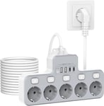 Multiprise 5 prises commutables individuellement, avec USB C, Rampe Prise Electrique Plate, avec interrupteurMultiprise murale pour cuisine, salon, câble de 2 m, blanc