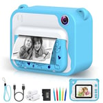 Ukuu Appareil Photo Instantané 2,4" 1080P pour Enfant avec 3 Rouleaux de Papier à Imprimer et 5 Couleurs Stylo Pinceau Cadeau pour Enfant Noir et Blanc avec Carte Mémoire 32 Go – Bleu