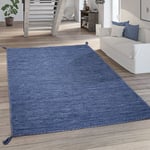 Paco Home - Tapis De Salon Moderne Monochrome Avec Franges Coton Tapis Tissé En Bleu 120x170 cm