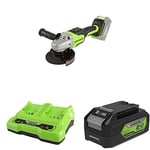 Greenworks Meuleuse d'angle sans fil GD24SAG + Tools Batterie G24B4 2ème génération + Tools Chargeur universel de batterie à double fente G24X2C