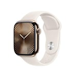 Apple Watch Series 10 (GPS + Cellular 42 mm) Smartwatch mit Titangehäuse in Gold und Sportarmband in Polarstern (M/L). Fitnesstracker, EKG App, Always-on Retina Display, Wasserschutz