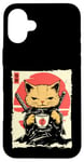 Coque pour iPhone 16 Plus Kawaii Samurai Cat Drinking Coffee, Ninja Cat for Cats Lovers