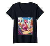 Womens Playful Pink Dragon Exploring a Whimsical Candy Land V-Neck T-Shirt