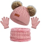 Bonnet Enfant Hiver Tricoté Tour de Cou Chaud Gants Ensemble Set de 3 Pièces Ensemble Chapeau Bonnet Écharpe Doublure Épaisse pour Fille Garçon(3-5 ans) (Rose)