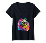 Womens Funny sloth with headphones pop art colorful Graphic V-Neck T-Shirt