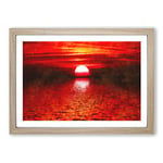 Big Box Art Red & Orange Sunset Above The Sea Painting Framed Wall Art Picture Print Ready to Hang, Oak A2 (62 x 45 cm)