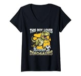 Womens This Boy Loves Soccer And Dinosaurs Playing Soccer V-Neck T-Shirt