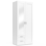 Armoire 2 portes VITO blanc penderie 80 cm avec 2 tiroirs, miroir et étagères