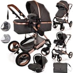 Baby Stroller 3 in 1 Pram Pushchair Buggy Child Lightweight Folding Stroller 3 in 1 Travel System Pram for Newborns Toddlers 0-36 Months from Birth Aluminium (Grey - Rose Gold Frame)