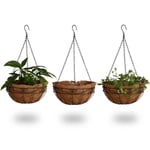 Relaxdays - Lot de 3 suspension pour plantes, coco, 33 litres, avec chaîne, pot de 35 cm de diamètre, marron