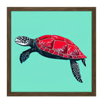 Loggerhead Sea Turtle Red Shell Animal Watercolour Ink Stamp Illustration Square Framed Wall Art Print Picture 16X16 Inch