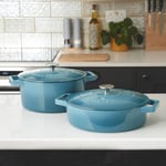 Cast Iron Pot Pan Casserole Dish Set Cooking Hob Oven 2 Piece 26cm / 28cm Teal