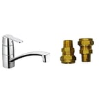 GROHE Get & UK Adaptors - Kitchen Sink Single Lever Mixer Tap (Brass, 1-Hole Installation, Low Swivel Spout 140°, 35 mm Ceramic Cartridge, High Pressure, Tails 3/8 Inch), Size 156 mm, Chrome, 32891000