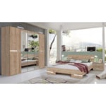 Chambre à coucher complète adulte (lit 160x200 cm + 2 chevets + armoire) coloris imitation chêne Artisan/chrome brillant Pegane