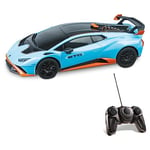 MONDO Motors, Lamborghini Huracan STO 2,4 GHz, modèle à l'échelle 1 : 24, jusqu'à 8 km/h de Vitesse, Voiture Jouet pour Enfants, Bleu Ciel, 63704