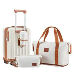 Joyway Valise Set de valises à Main, Valise de Voyage Rigide avec Porte-gobelet, 4 roulettes Serrure TSA La Valise Contient 1 Sac de Voyage et 1 Trousse de Toilette, Beige Marron