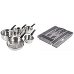 Morphy Richards 970002 Induction Frying Pan and Saucepan Set with Lids,Stainless Steel Pan Set, 5 Piece & Wham Silver 5 Compartment Plastic Cutlery Holder Tray Drawer Organiser Rack
