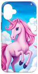 iPhone 16 Plus Pink Unicorn with Clouds and a Bright Rainbow Case