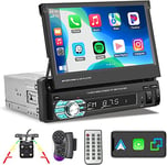 Hikity Autoradio 1 Din Carplay Android Auto Autoradio Bluetooth avec 7‘’ Flip Out Écran Tactile Radio Voiture Récepteur FM USB AUX SD + Caméra de Vision Arrière/Commande au Volant/Lien Miroir Noir