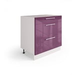 Meuble de Cuisine Bas, Casserolier 80 cm, 3 Tiroirs - Aubergine