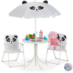 Relaxdays Ensemble chaise table de camping, pour enfants, meubles, avec parasol, pliables, motif panda, jardin, blanc