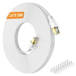 Cable Ethernet 20m Cat 8, Cable RJ45 20m Blindé Haut Débit Fibre Plat 40Gbps 2000MHz Câble Réseau, Gigabit Blanc LAN Cable Internet pour Routeur, Modem, Switch, Xbox, PS5/4