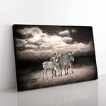 Big Box Art Three Zebras in The Wild Canvas Wall Art Print Ready to Hang Picture, 76 x 50 cm (30 x 20 Inch), Black, Brown, Grey, Olive, Green, Beige