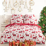 Sedefen Housse de Couette Noël 220x240 cm Rouge Blanc Wapiti Flocon de Neige Parure de Lit 2 Personnes avec Fermeture Éclair - Housse Couette en Microfibre avec 2 Taie d'oreiller 65x65 cm