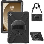 Gerutek Coque Antichoc pour Samsung Galaxy Tab A9 Plus 11" 2023, Étui Armure Robuste avec Support Rotatif, Dragonne et Bandoulière, Porte-Stylo, Housse pour Galaxy Tab A9+ Plus SM-X210/X216/X218, Noir