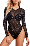 Avidlove Body en maille noir pour femmes, manches longues, col rond, justaucorps transparent, hauts Sexy, entrejambe