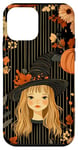 Coque pour iPhone 12 mini Noir Moderne Rayé Vintage Automne Fleur Automne Citrouille