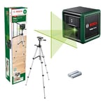 Bosch Laser lignes Quigo Green avec trépied (laser vert pour une meilleure visibilité, boîtier en plastique recyclé, dans boîte carton)