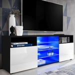 Meuble TV Urbino Komodee - LED bleues - Blanc Brillant et Noir - Facades en Brillant - 140 x 53 x 35 cm