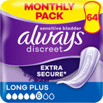 Always Discreet Incontinence Pads Women, Long Plus,64 Sanitary Towels(16X4Packs)