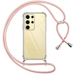 Pnakqil Coque pour Samsung Galaxy S24 Ultra avec Cordon, Transparente Silicone Housse avec Réglable de Collier Anti-Chute Etui pour Samsung S24Ultra, Ètuis à Bandoulière, Rose